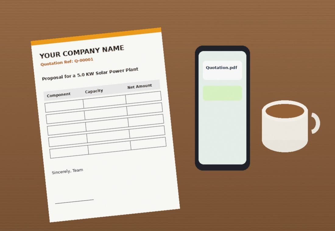 A printed solar quotation on a desk next to a phone and a cup of tea